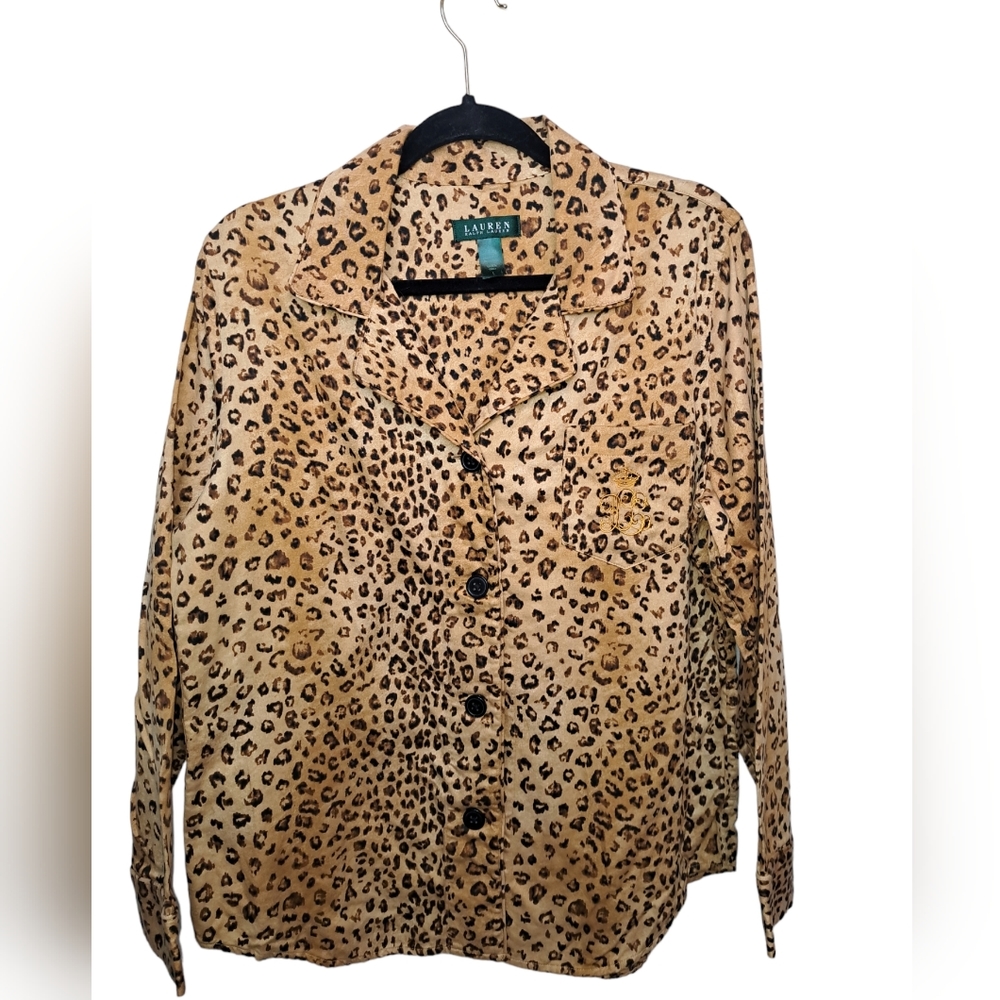Lauren Ralph Lauren Large Shirt Leopard Print Embroider Logo Button Front LRL - Picture 1 of 7